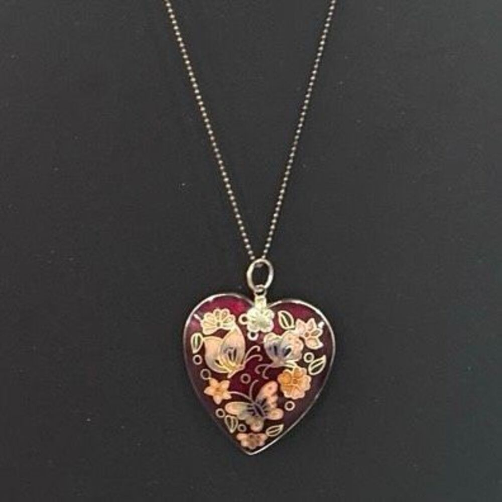 Vintage Cloisonné Enamel Butterfly And Floral Heart Pendant Necklace Ball Chain